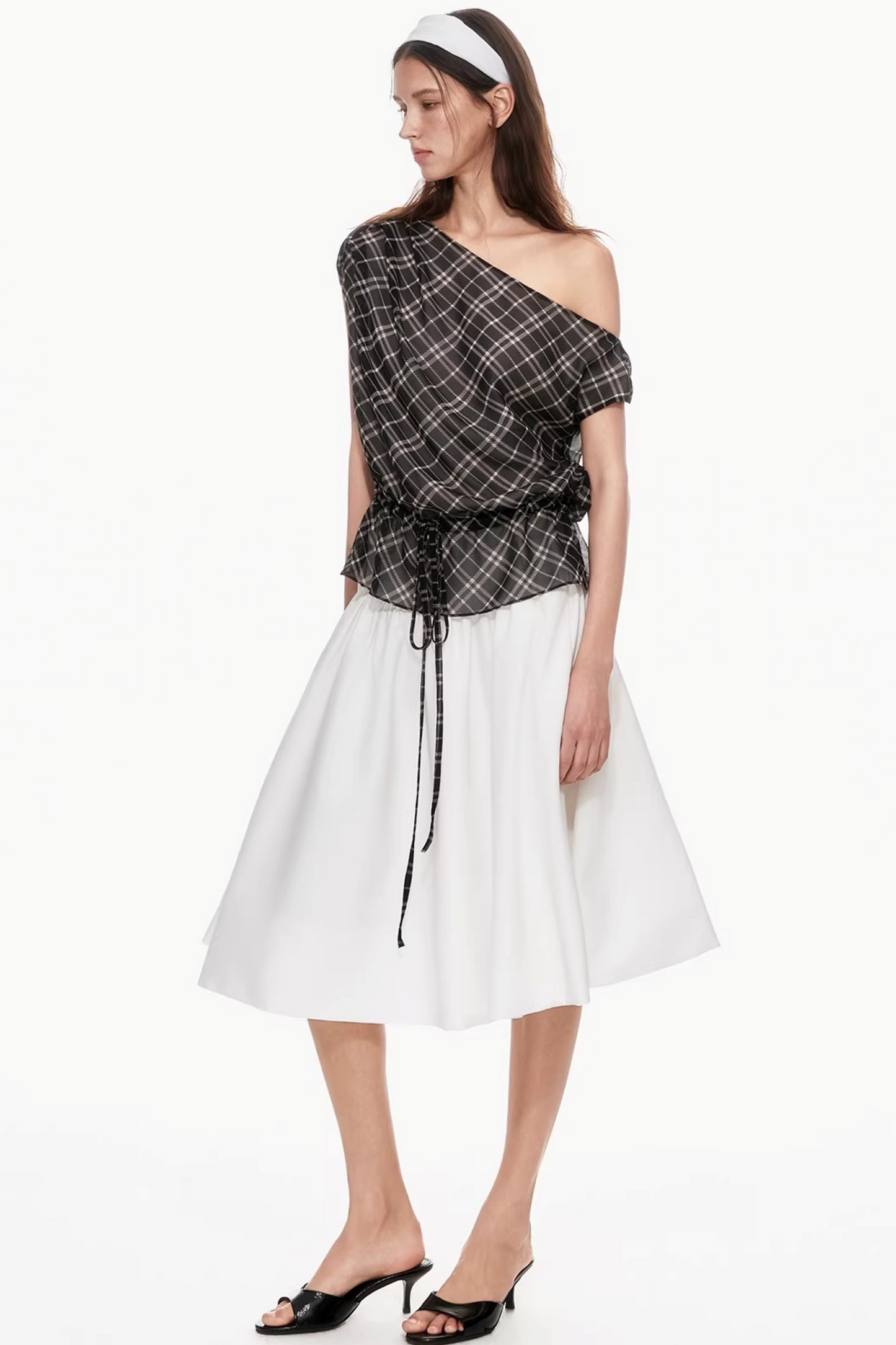 Plaid Asymmetrical Off-Shoulder Top