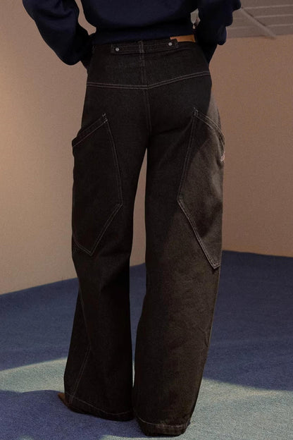 Wide-Leg Diagonal Pocket Jeans