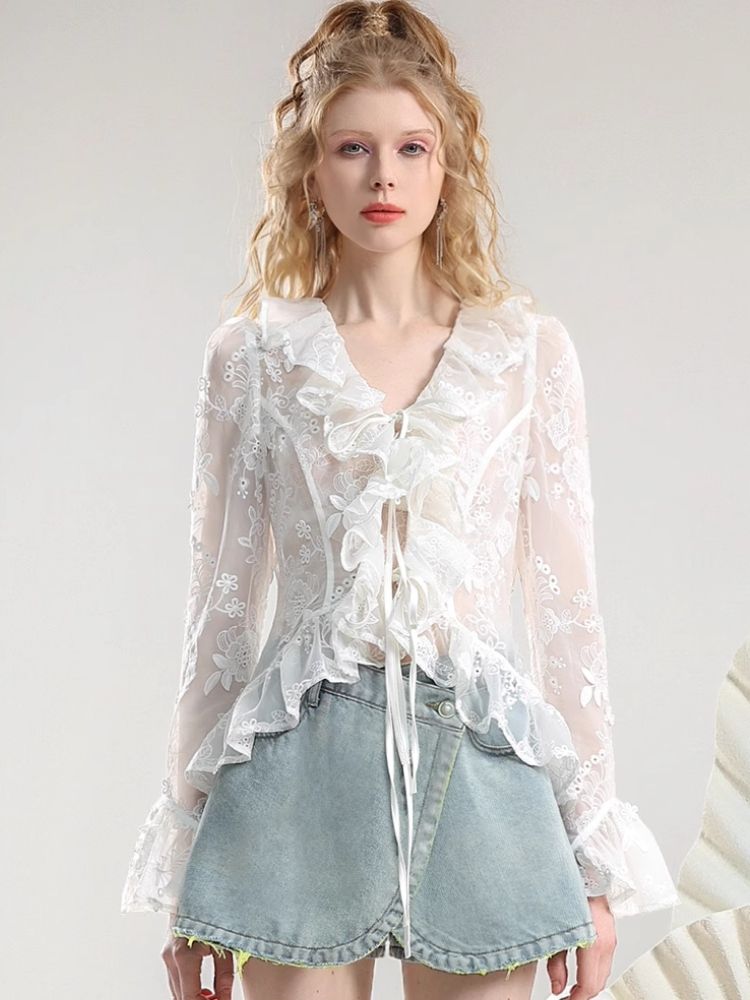 Embroidery Organza Tie Romantic Cardigan