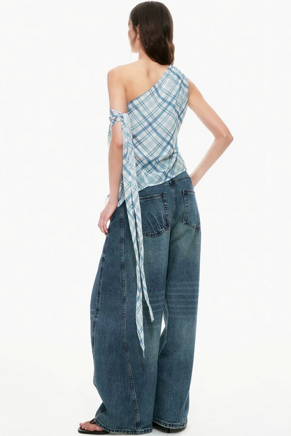 Blue Plaid One-Shoulder Vest