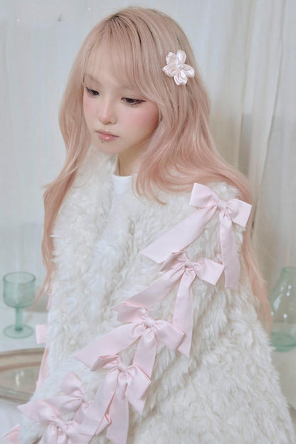 White Satin Bow Lamb Fur Coat