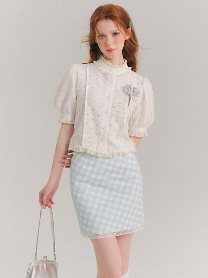 Flower Jacquard Lace French Short Sleeve Shirt