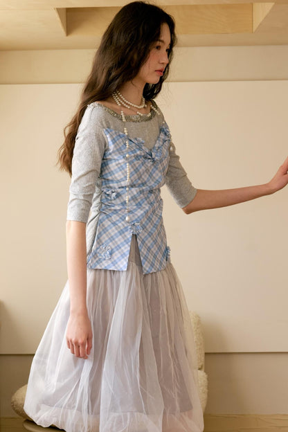 Gray Blue Plaid Knit Top