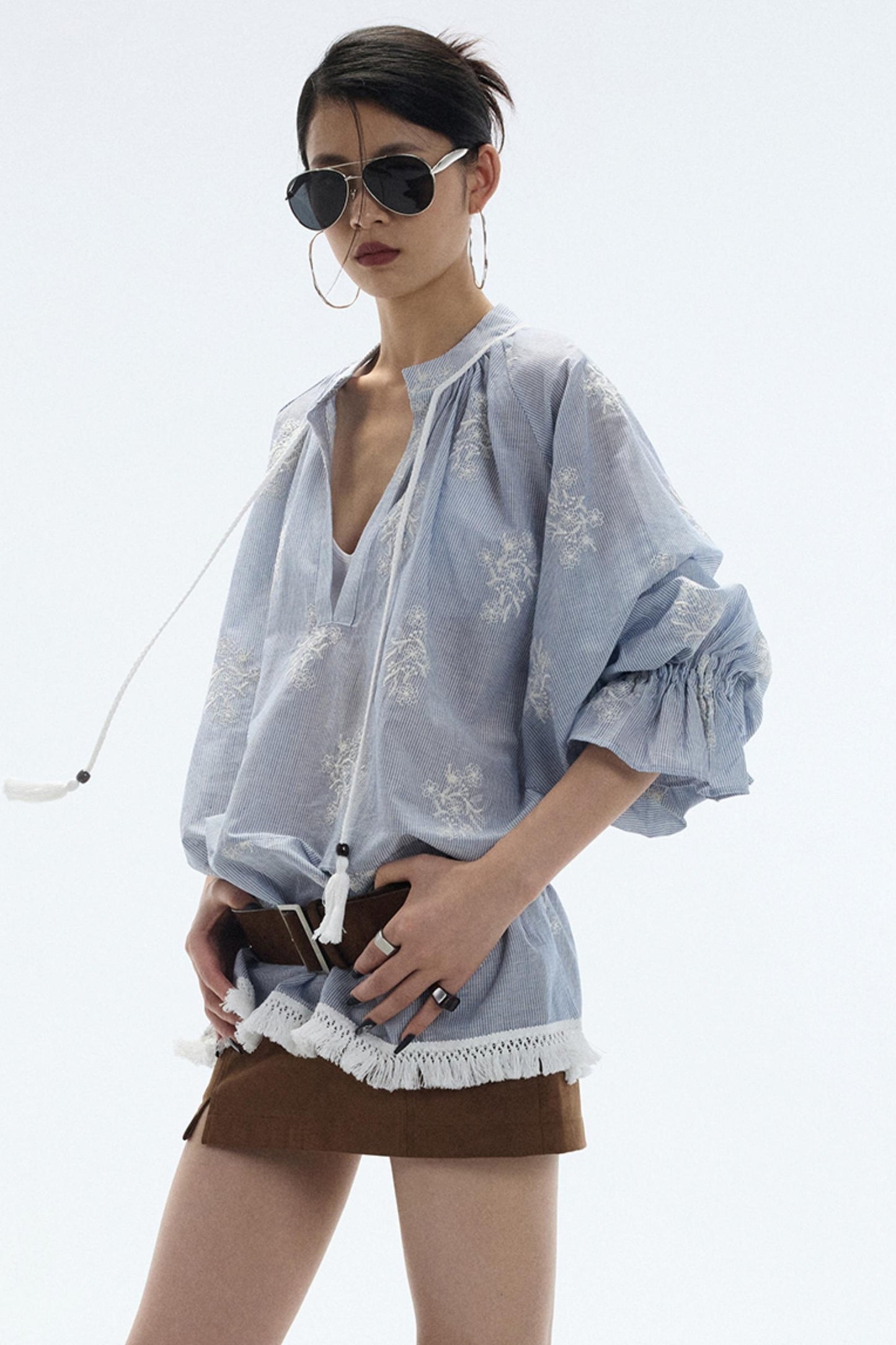 Tassel Stripe Embroidery Top