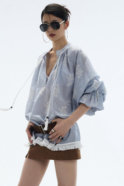 Tassel Stripe Embroidery Top