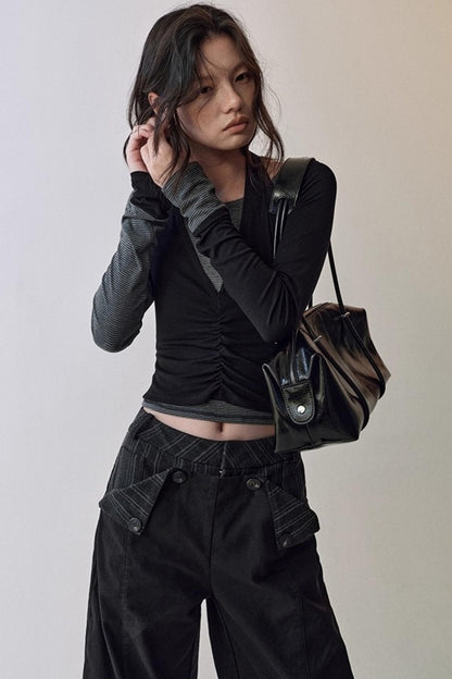 Striped Stitching Two-Piece Halterneck T-shirt