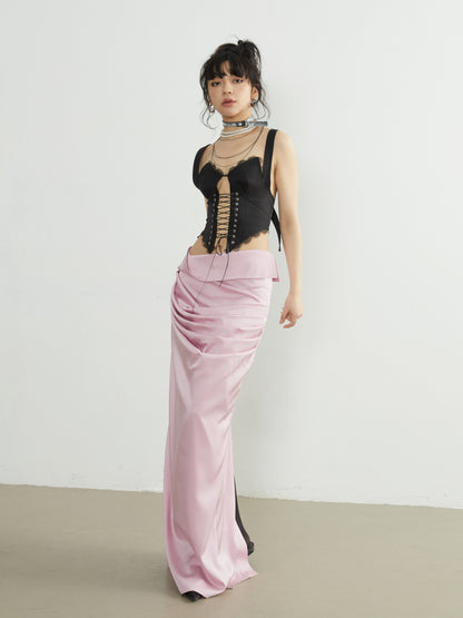 Roll-up waist design long slit skirt