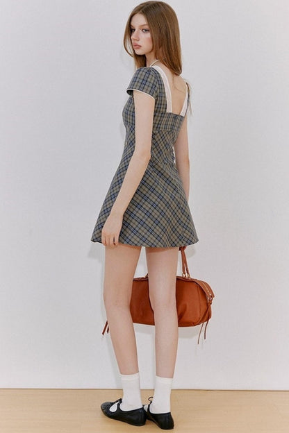 Plaid Lace Bow Short Sleeve Dress