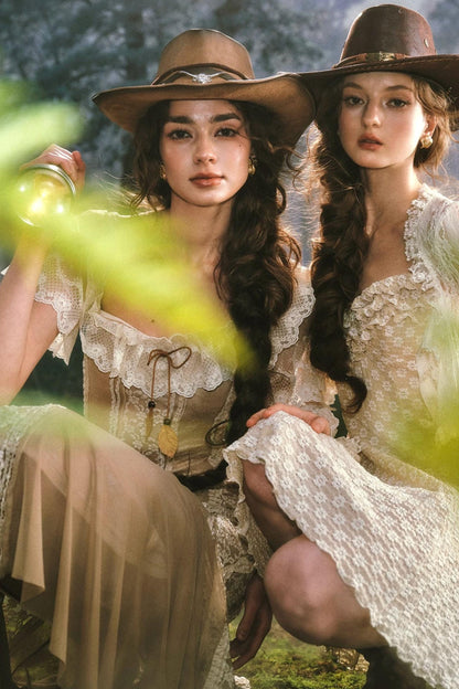 French Countryside Lace One-Shoulder Dress