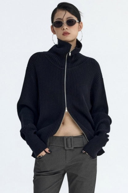 Slim Fit High-Neck Knit Cardigan