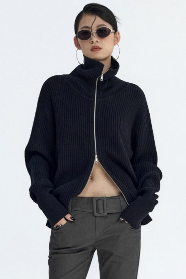 Slim Fit High-Neck Knit Cardigan