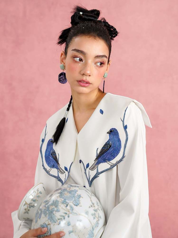 Blue Bird Embroidery Blouse