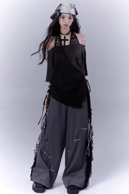 Black Lace-Trimmed Tee