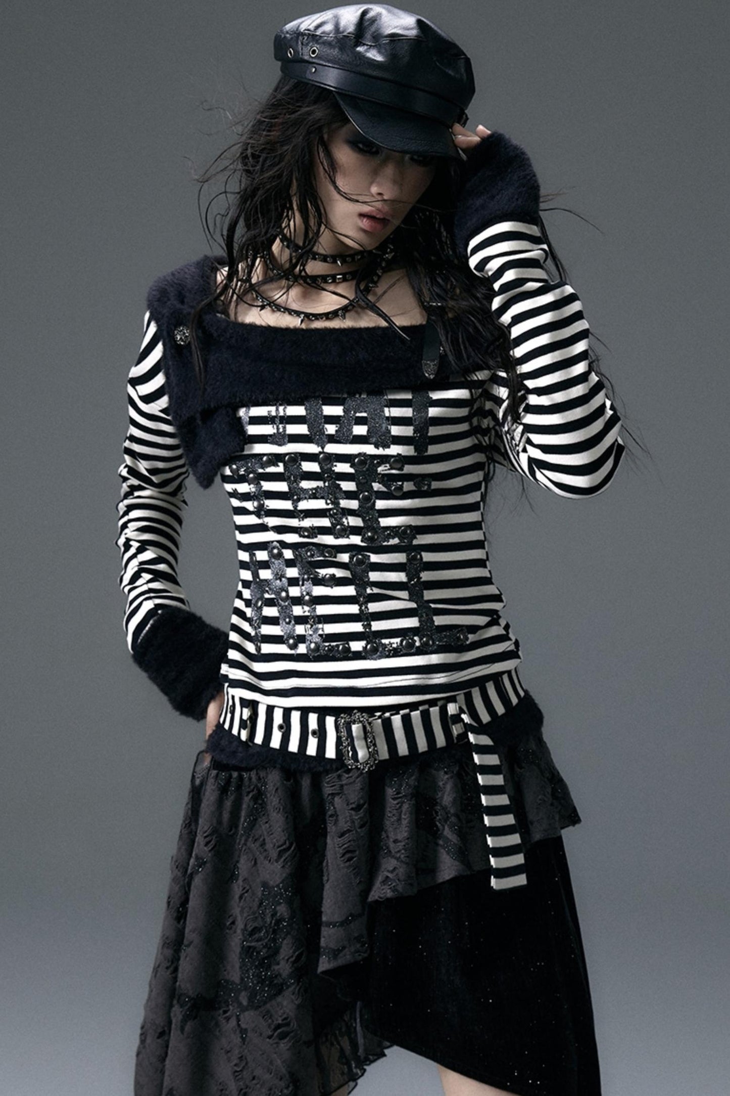 Diagonal Stripe Punk Long-Sleeve Top