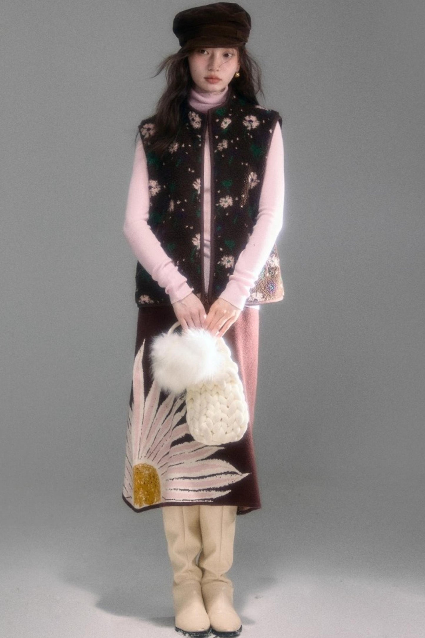 Floral Faux Lamb Wool Vest Jacket Set-Up