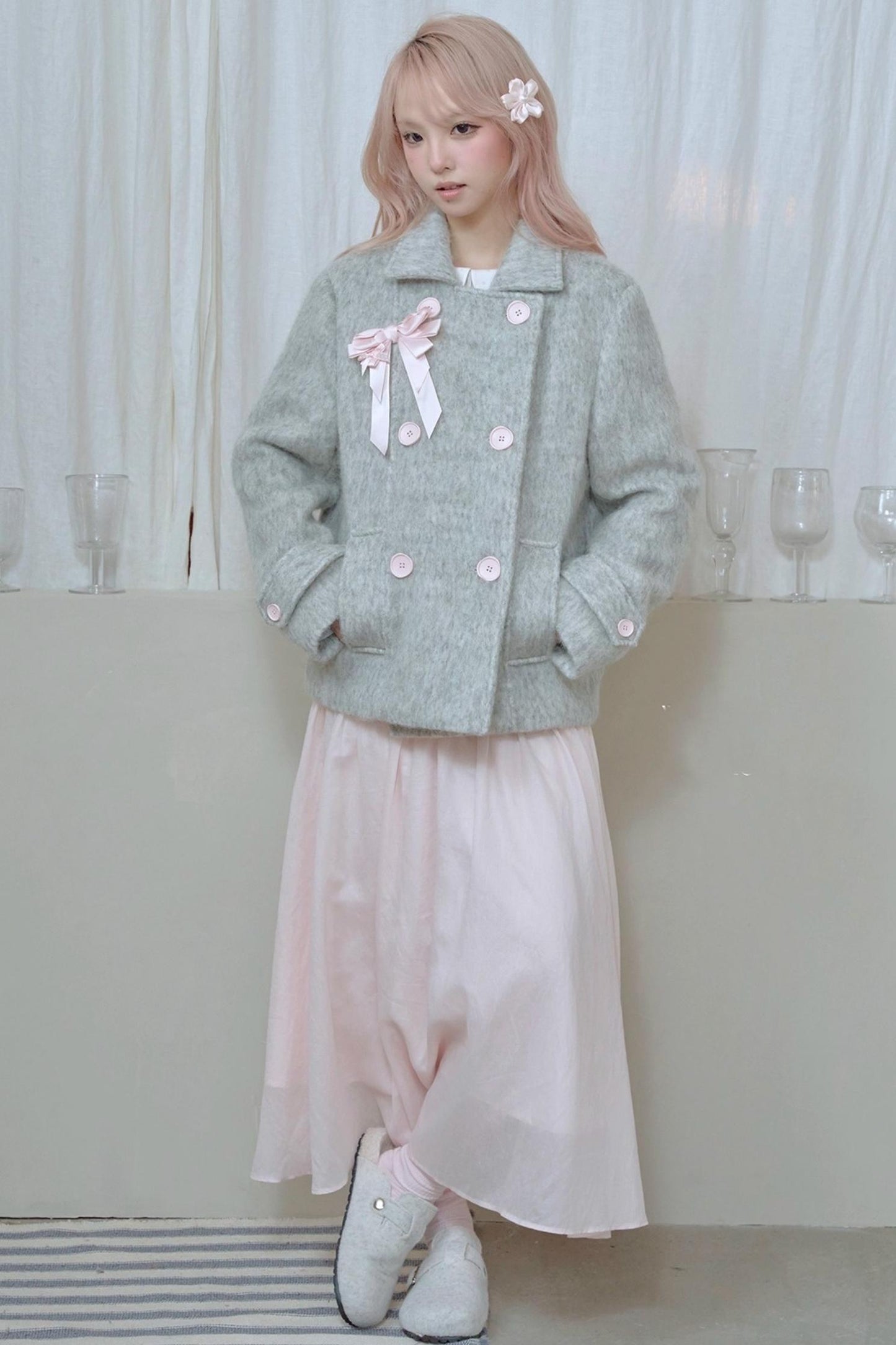 Lace Pleated Panel Pink Long Skirt