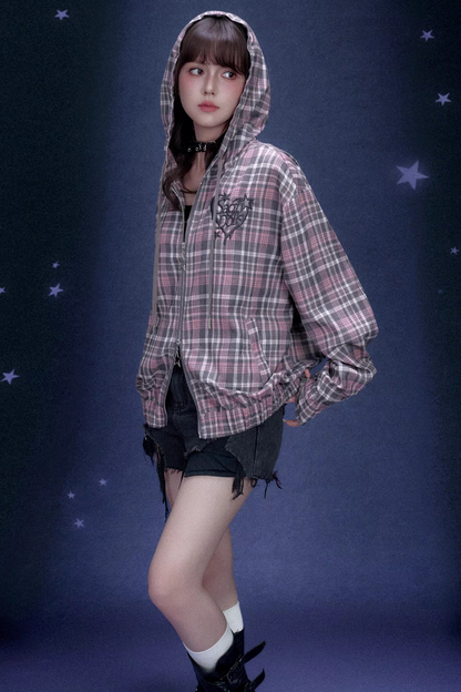 Pink Plaid Hooded Jacket