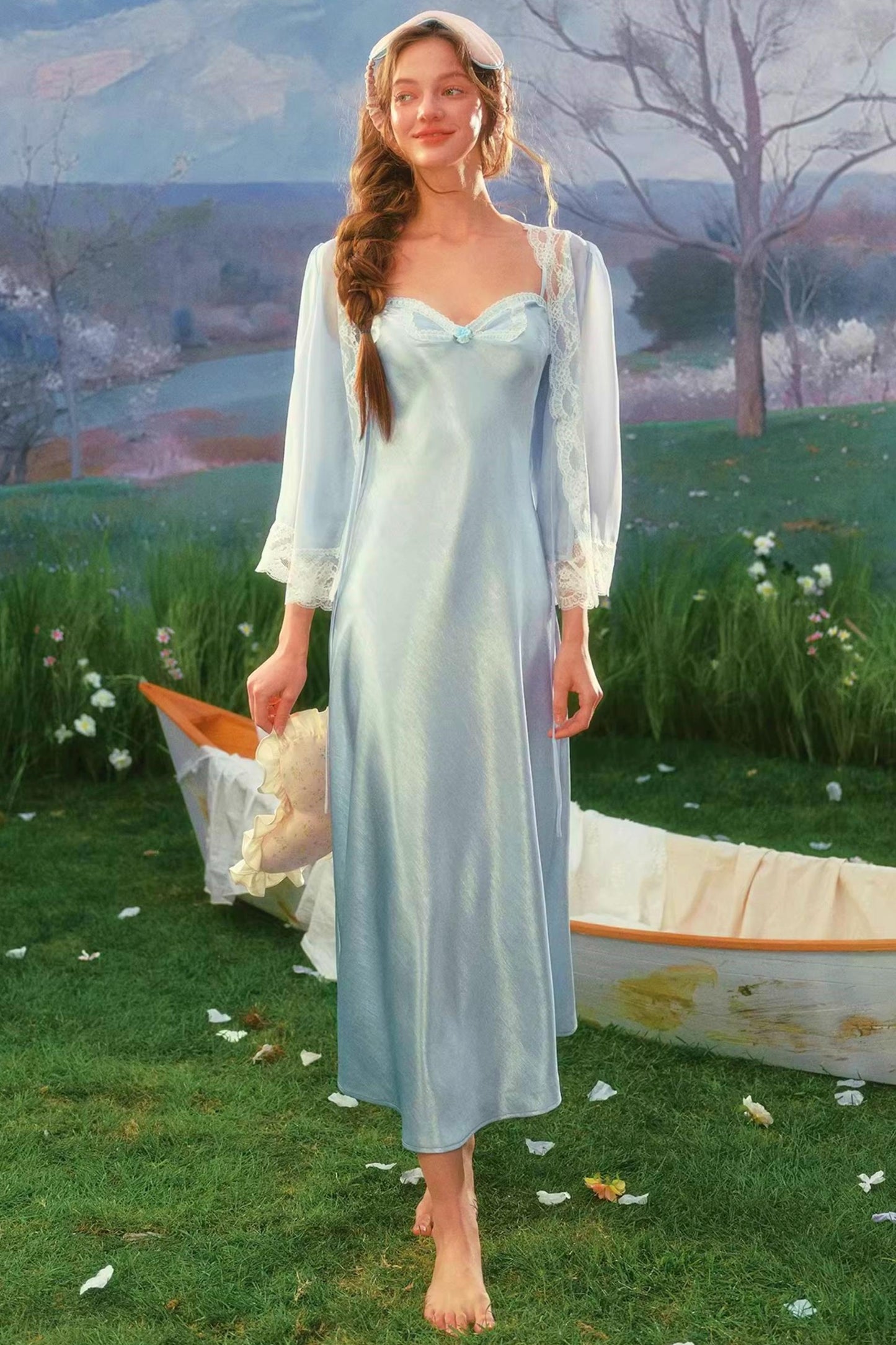 Blue Satin Cardigan Dress Set-Up