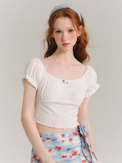 Rose Corsage Puff Sleeves Ballet T-Shirt