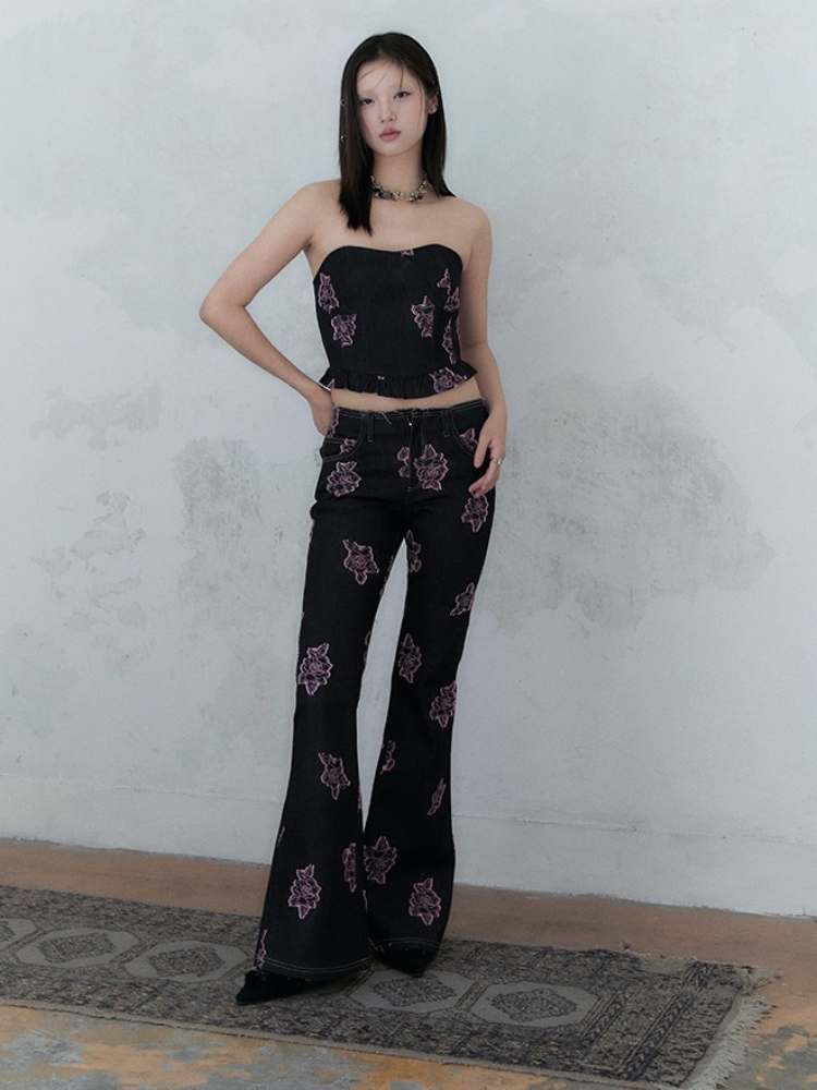 Denim Rose Print Tube Top & Bell Pants