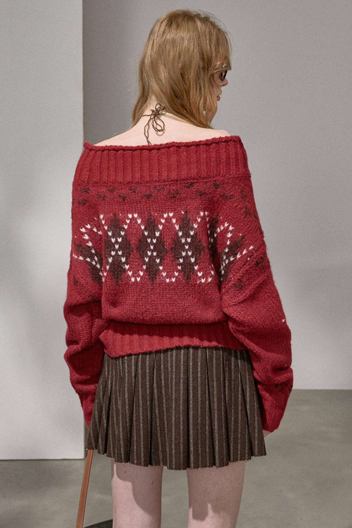 Thick Knit Argyle Off-Shoulder Top