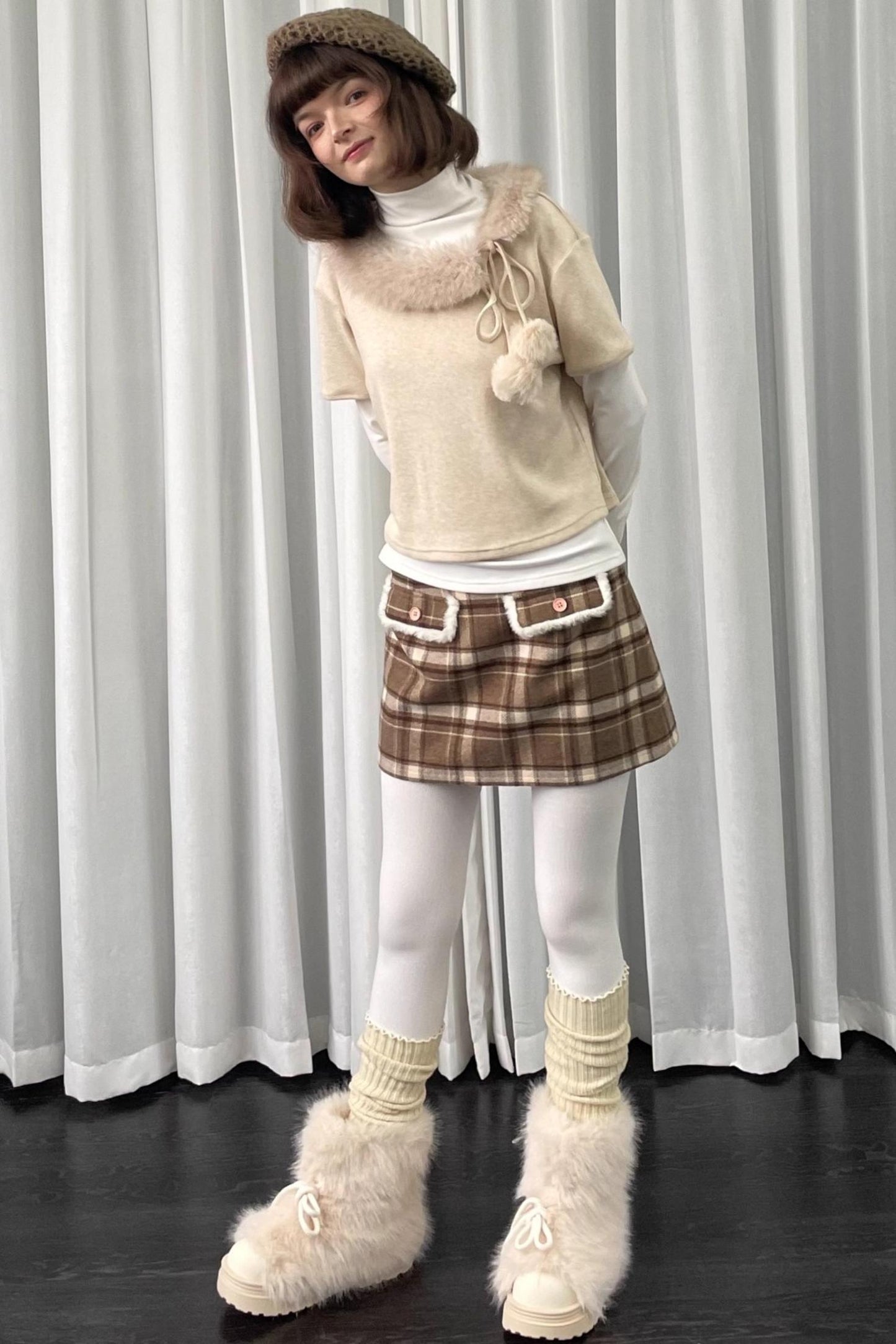 Beige Fur Collar Layered Top