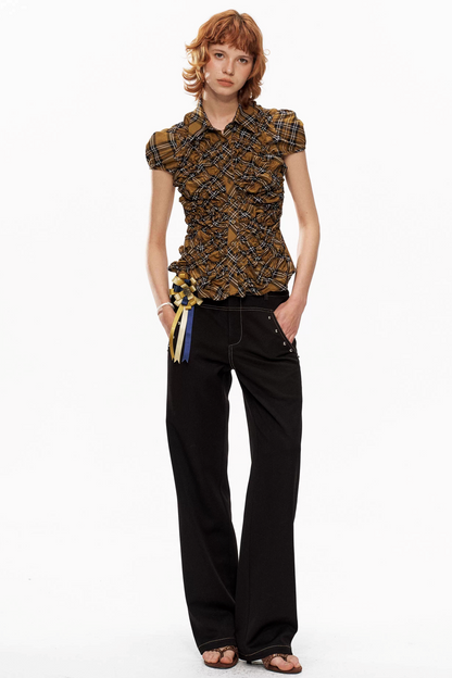 Yellow Plaid Puff-Sleeve Blouse