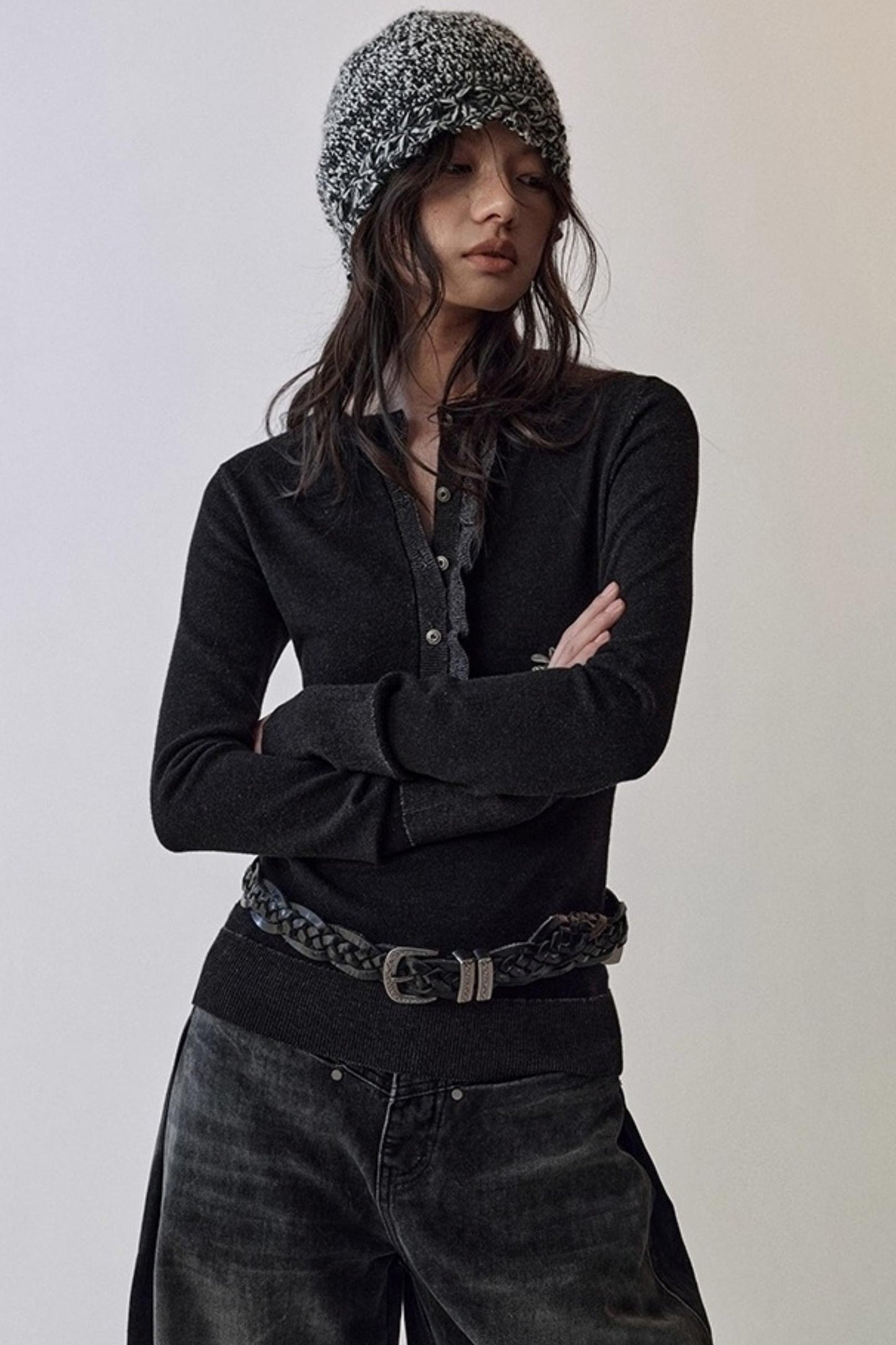 One-Sided Ruffled Crew Neck Knit Top