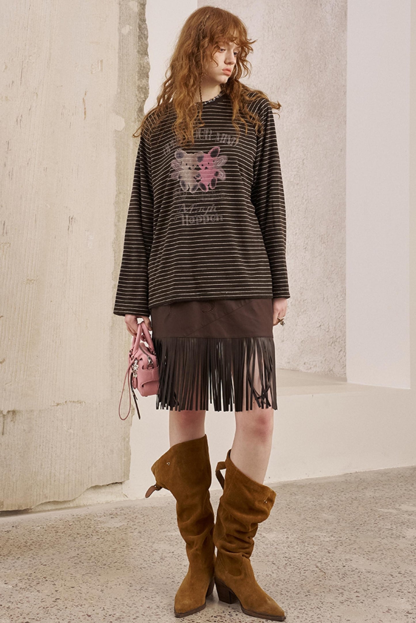 Bear Print Striped Long Sleeve T-Shirt