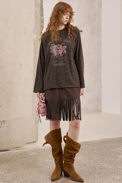 Bear Print Striped Long Sleeve T-Shirt