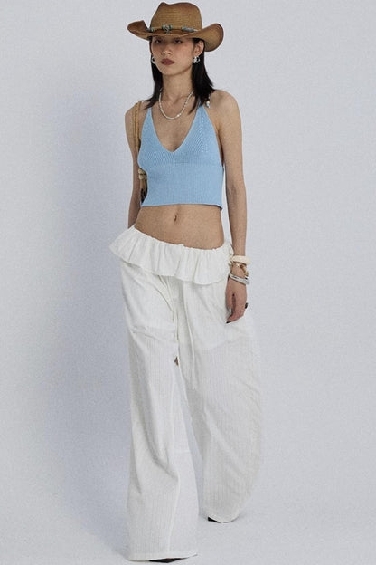 White Lace Drawstring Wide-Leg Pants