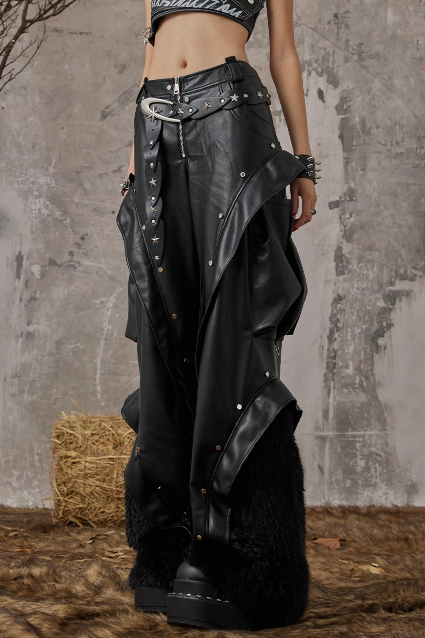 Autumn Punk Wide-Leg Leather Pants
