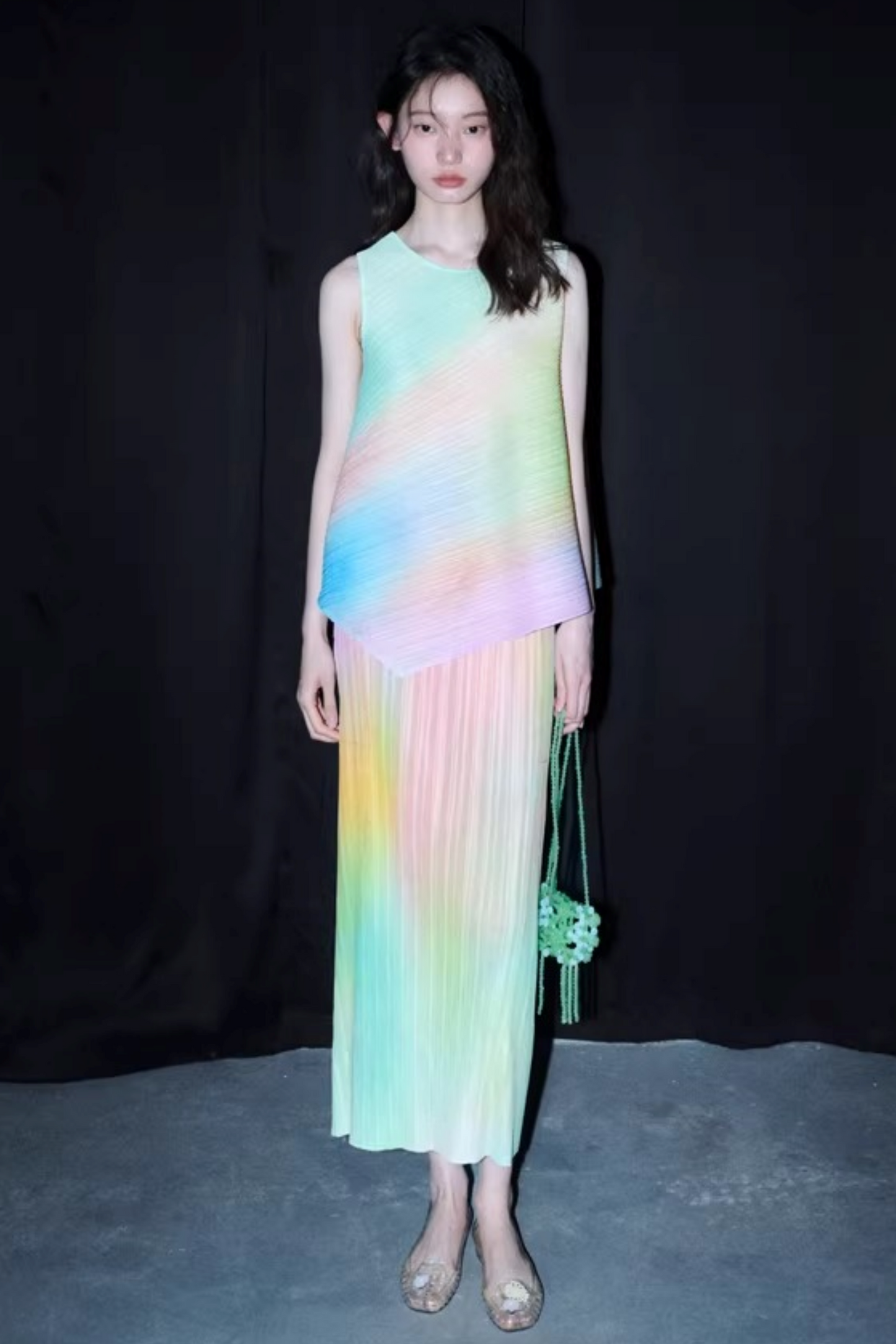 Rainbow Gradient Pleated Vest Set-Up