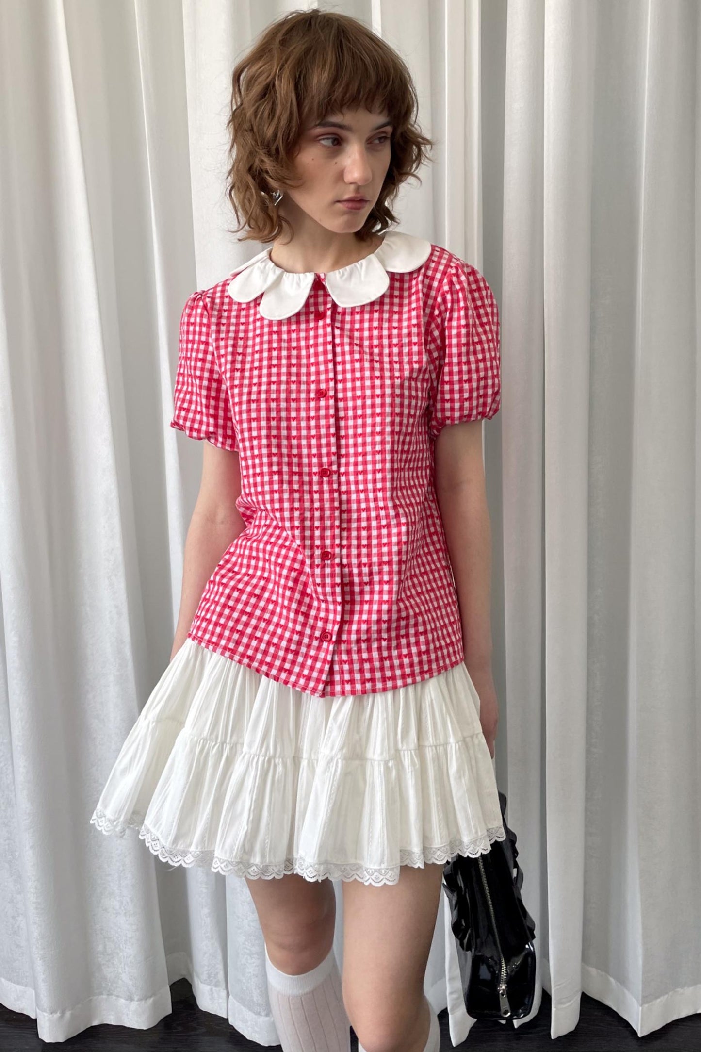 Red Plaid Lantern Sleeve Shirt