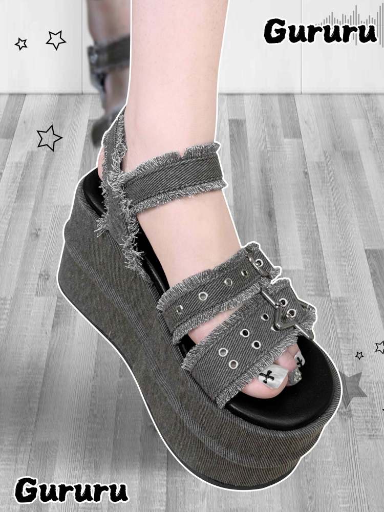 Y2K Punk Star Denim Eyelet Belt Super Thick Sole Sandals