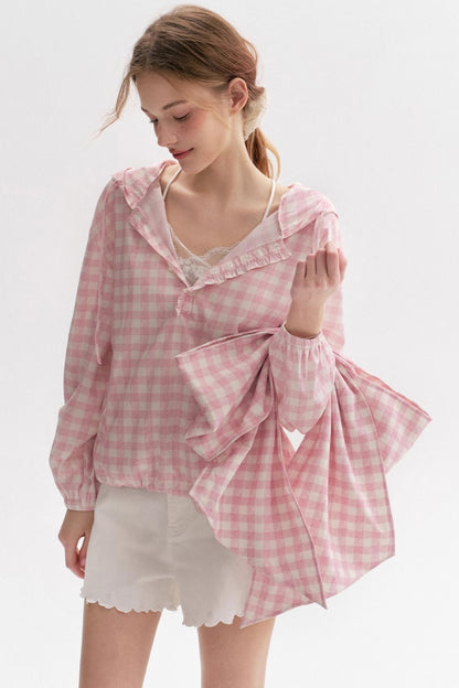 Cream Pink Plaid Lace Hooded Pullover Top