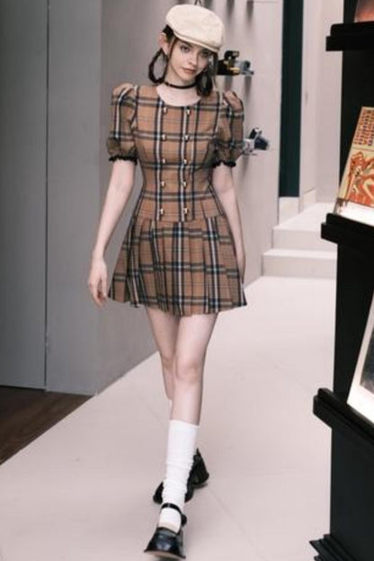 Bubble Sleeves Plaid Dress