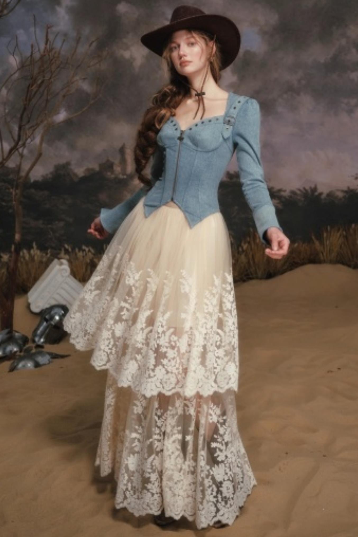 Denim Slim-Fit Jacket Skirt Set-Up