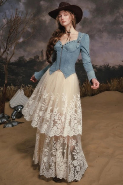 Denim Slim-Fit Jacket Skirt Set-Up