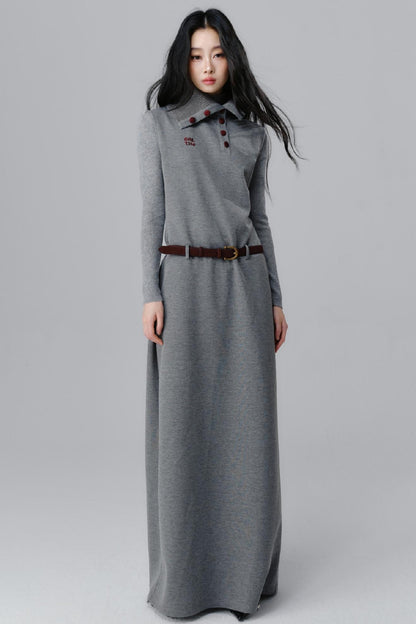 Polo Neck Gray Long Dress Set-up