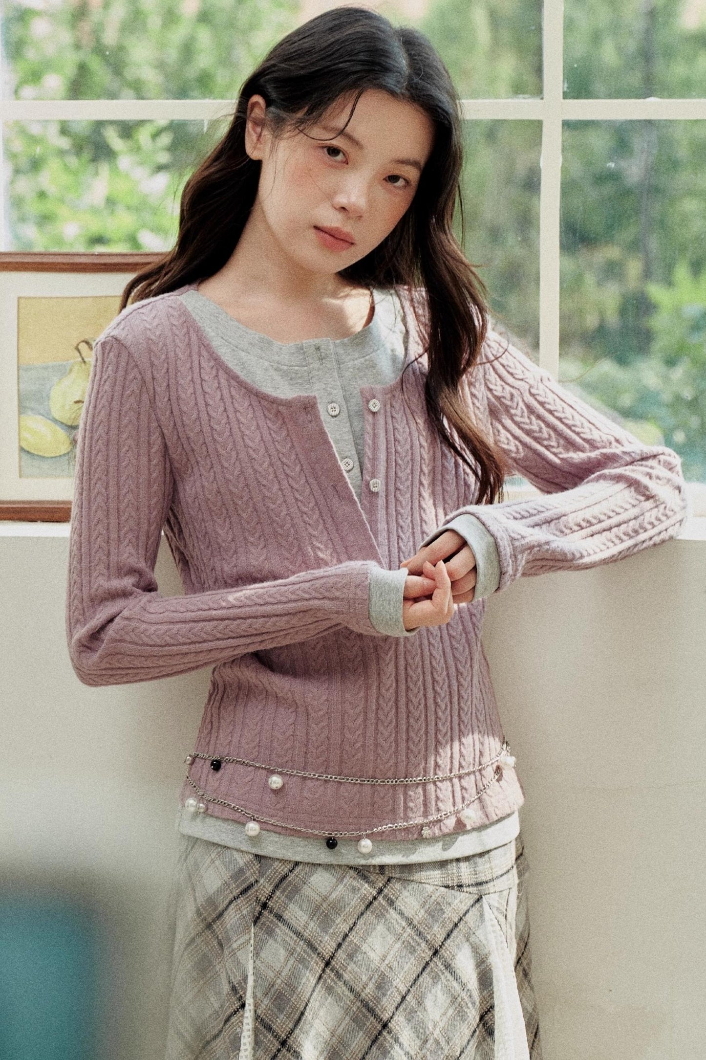 Yellow Purple Knitted Long-Sleeved Tops