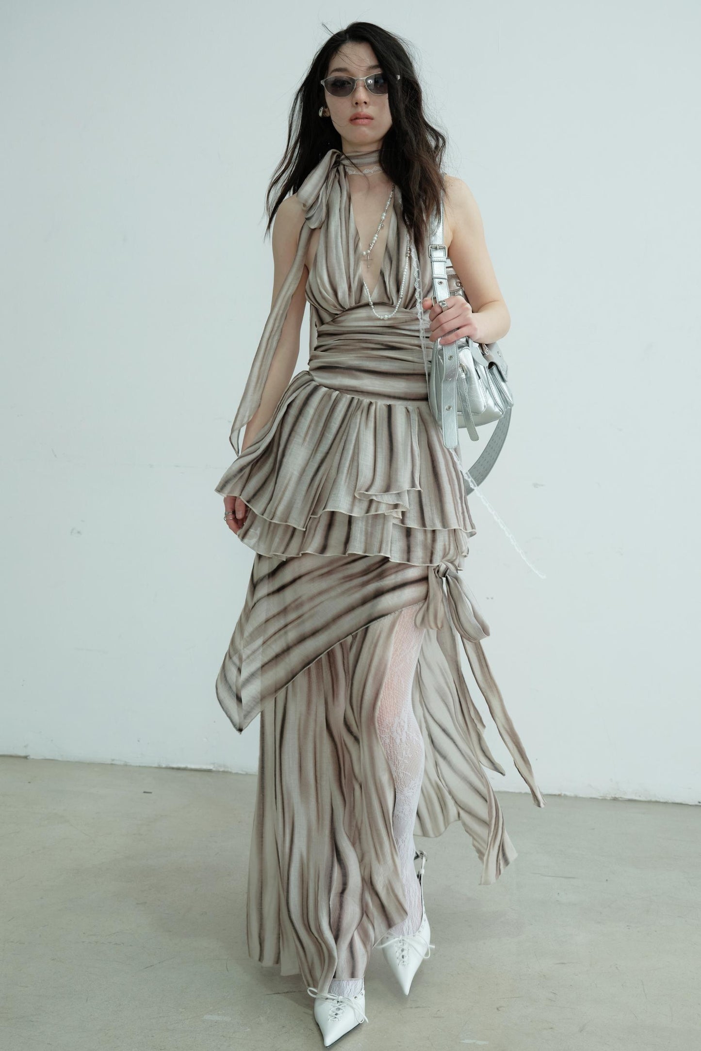 Pleated V-Neck Vest With Skirt Set