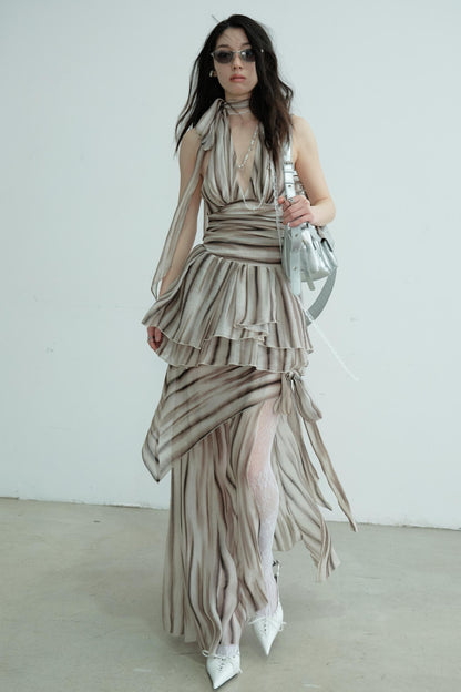 Pleated V-Neck Vest With Skirt Set