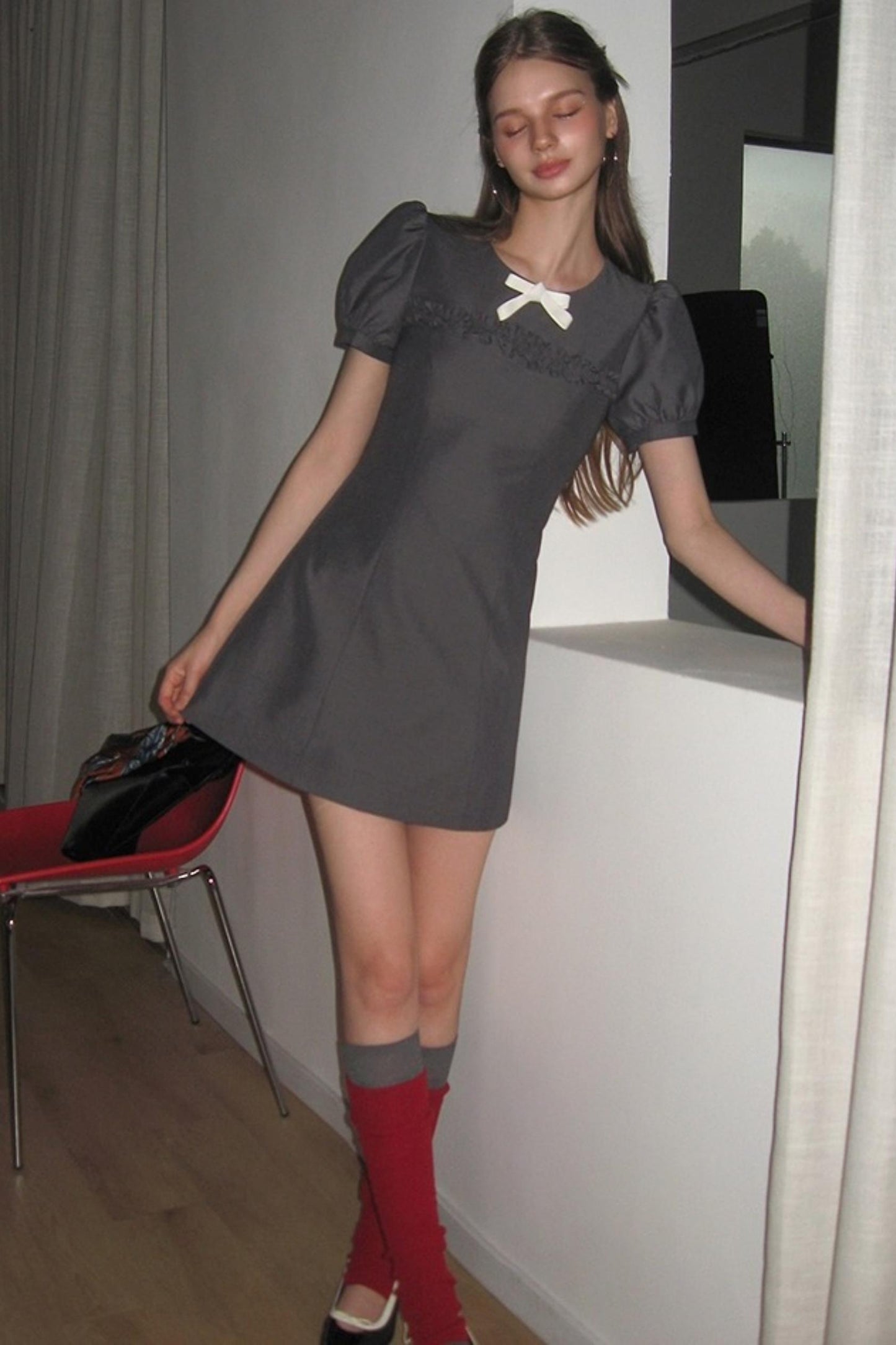 Detachable Bow Bubble Short Sleeve Dress