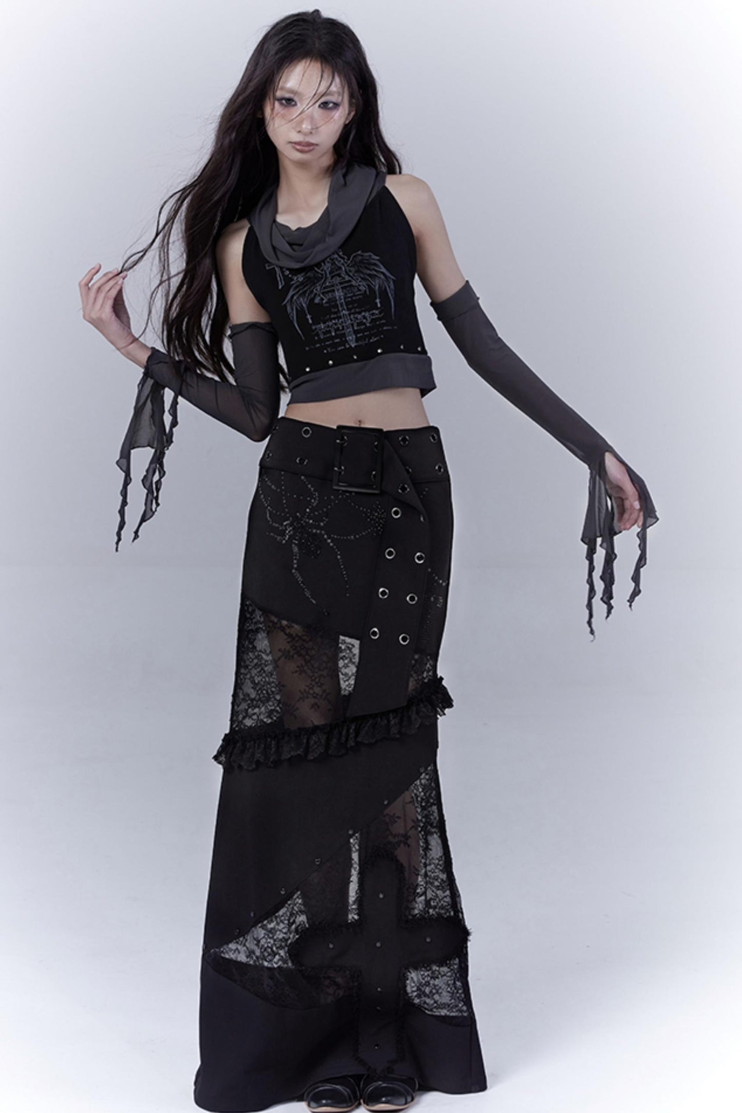 Gothic Elegance Sheer Lace Bustle Skirt