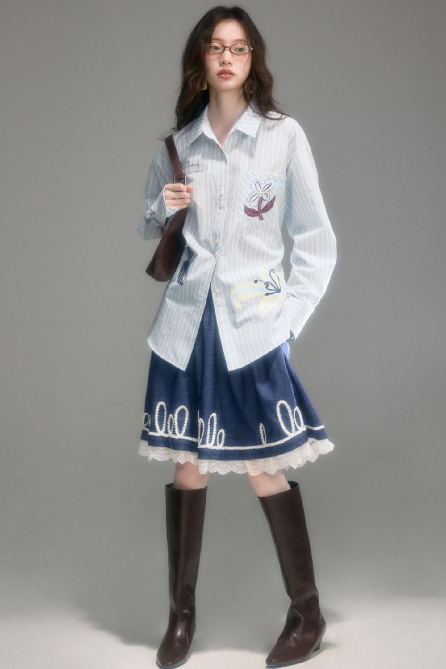 Embroidered Patchwork Denim A-Line Skirt