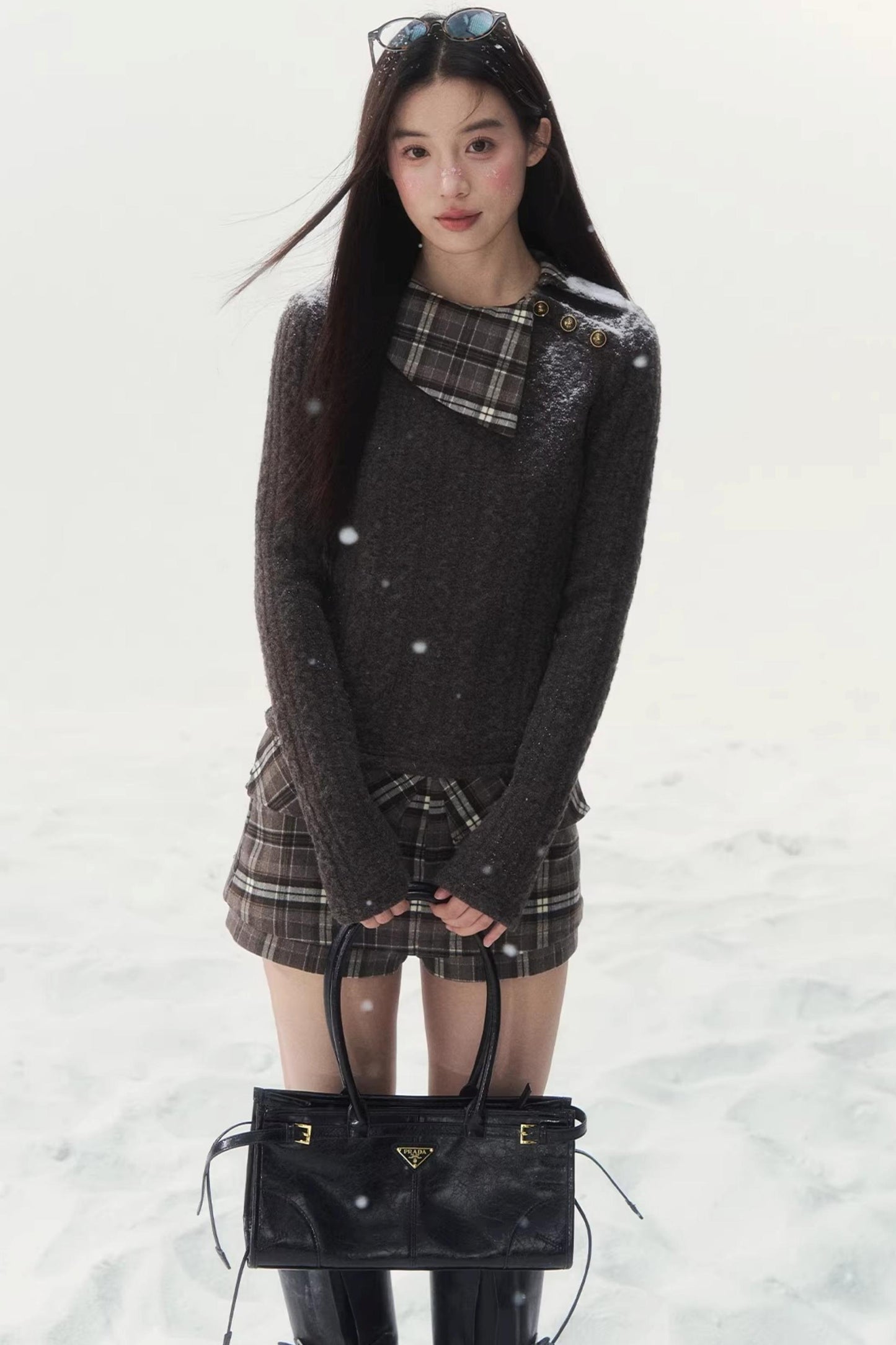 Retro Karomuster Patchwork Pullover Set-Up