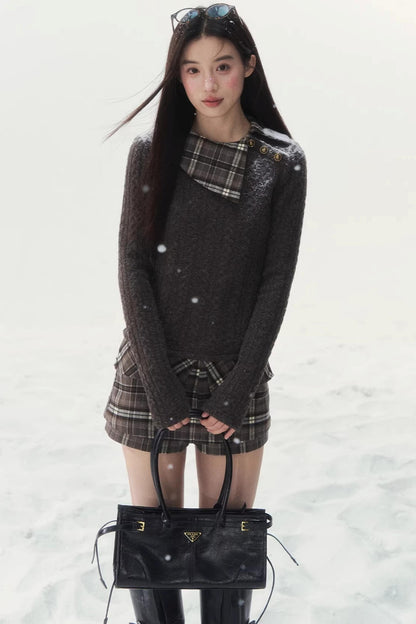 Retro Karomuster Patchwork Pullover Set-Up