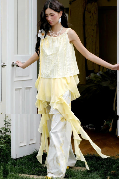 Botanical Ruffle Chiffon Wide-Leg Trousers