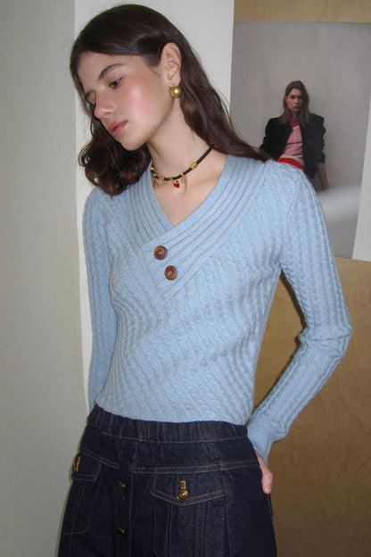 Twill Twist V-Neck Top